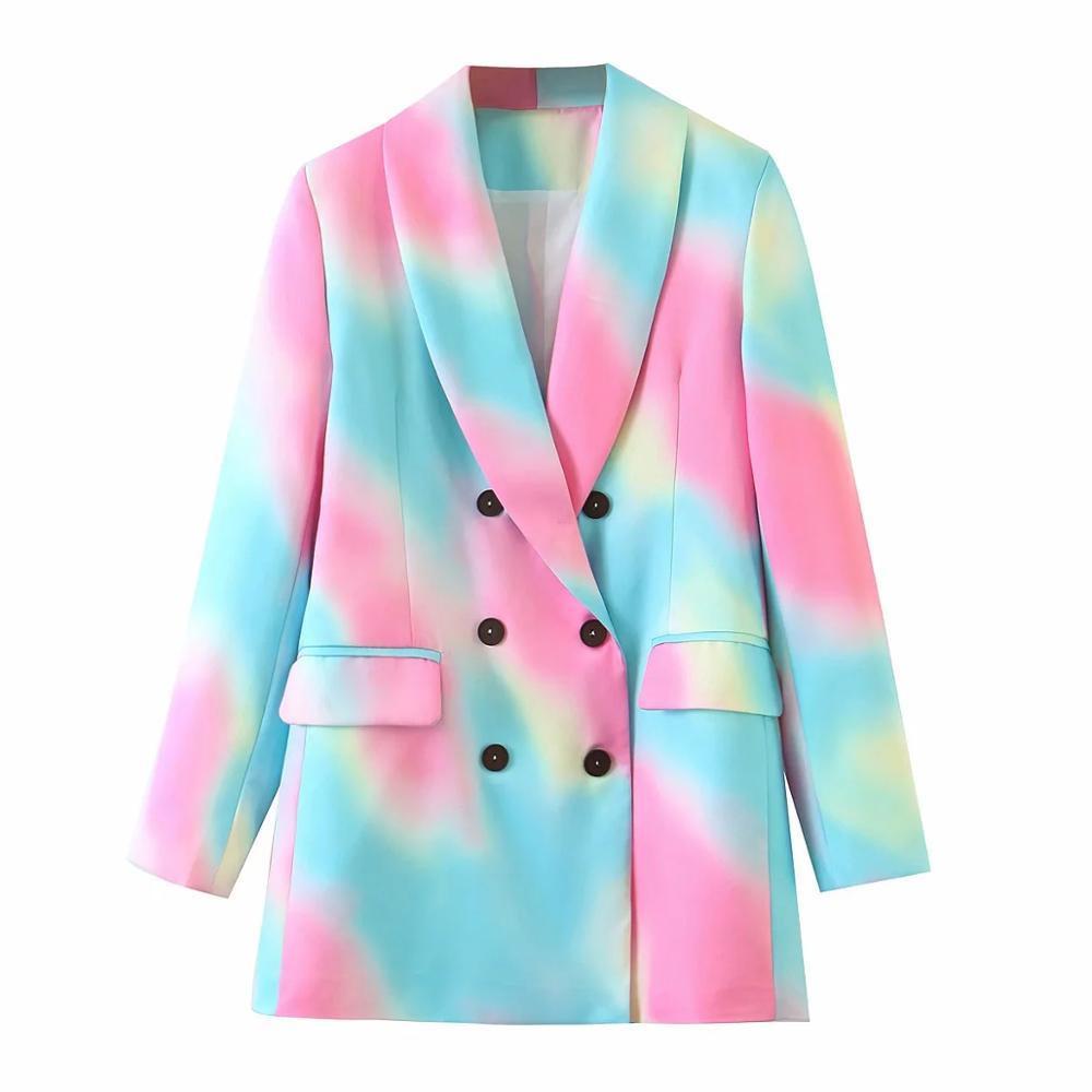 

Women Fashion Double Breasted Tie-dye Blazers Coat Vintage Long Sleeve Pockets Female Outerwear Chic Tops 210521, White