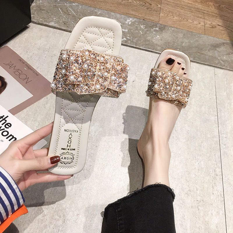 

2021 summerstyle outer wear rhinestone all-match lazy slippers, Black