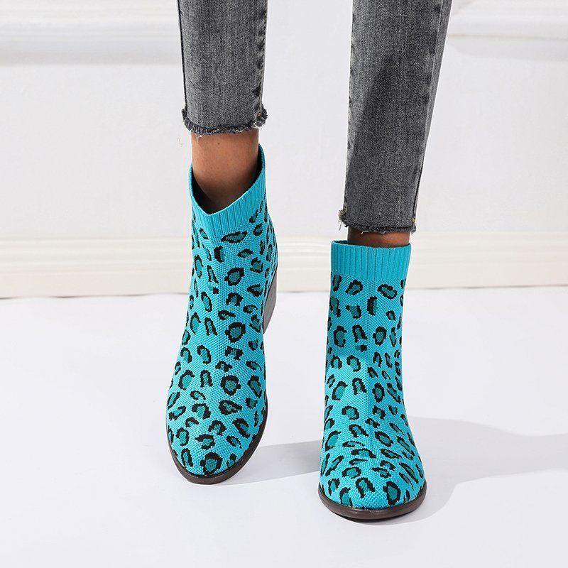 

35-43 Short Boots Women's Middle Heel Elastic Socks Leopard 41 British Extra Large Shoes 42, Black