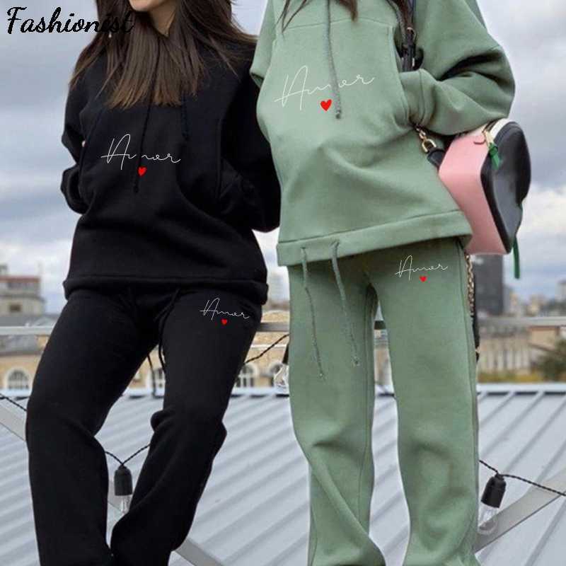 

Tracksuit Women' Two Piece Set Casual Fleece Spring Woman Set Oversized Hooded Long Sleeve Hoodie Sport Pants Lady Suit 210709, Camel black logo