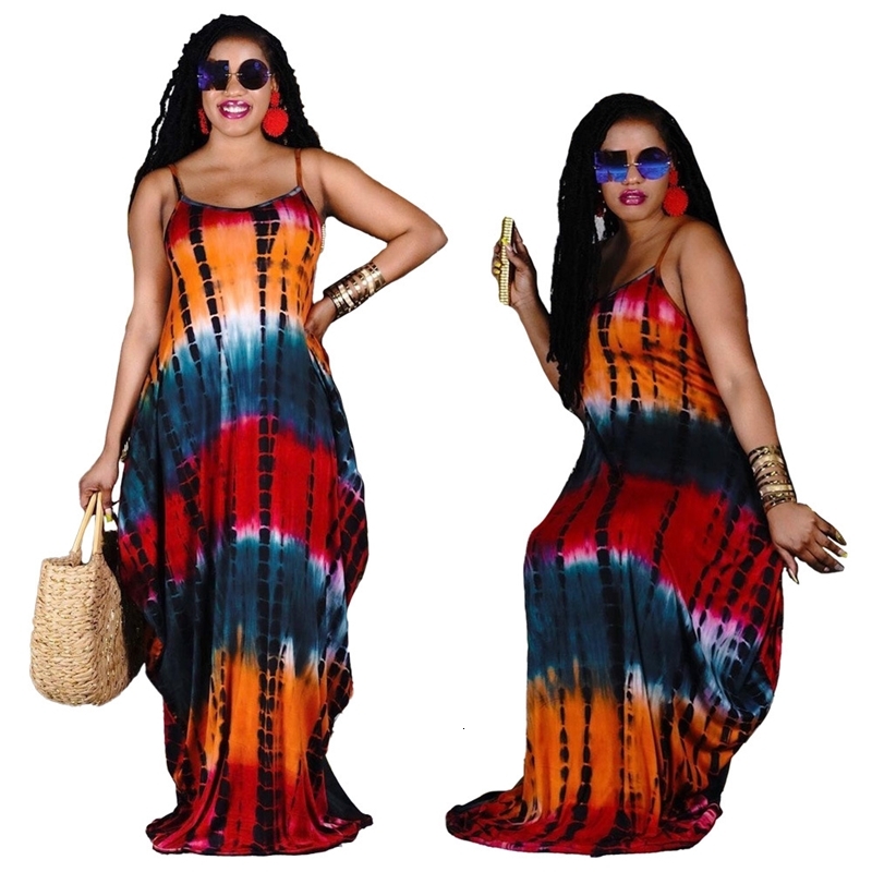 

est Women Casual Tie-Dye Printing Floor-Length 2021 Summer Spaghetti Strap Sleeveless Pockets Loose es, Multi