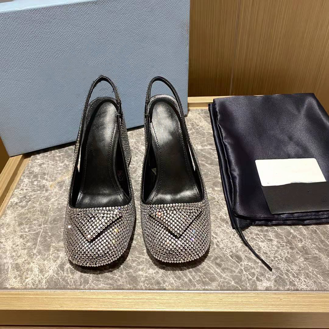 

High quality Satin sling-back pumps sandals with crystals Satin crystals series Slippers Sandals Loafers Muller shoes Upper with heat-sealed crystalsSize 35-42, Box