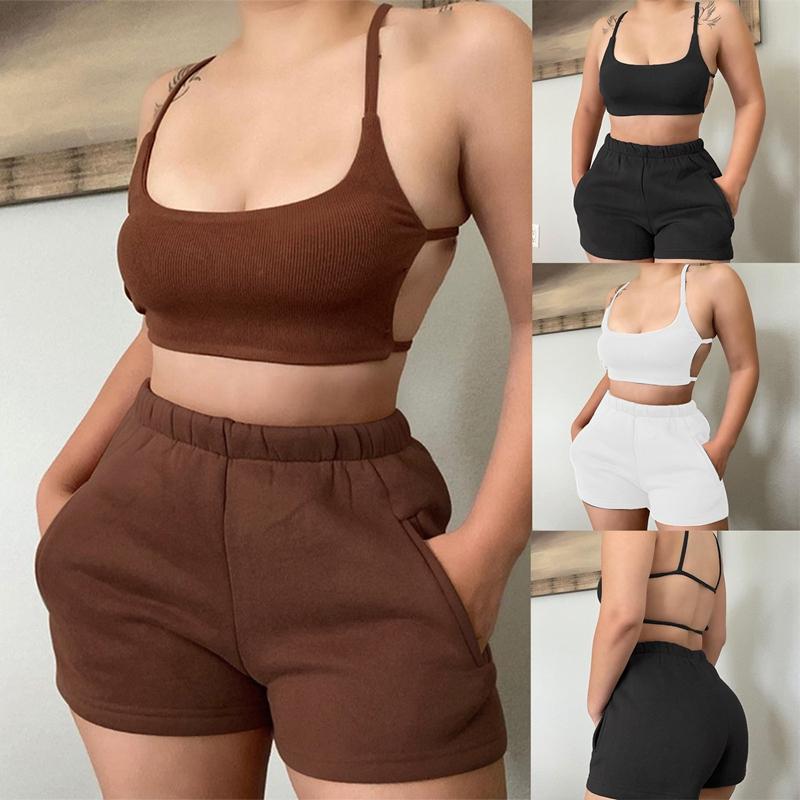 

Women's Tracksuits Backless Camis And Shorts Loungewear Set For Women Sporty Ribbed Fashion Casual Strap 2 Piece Tracksuit, Gray