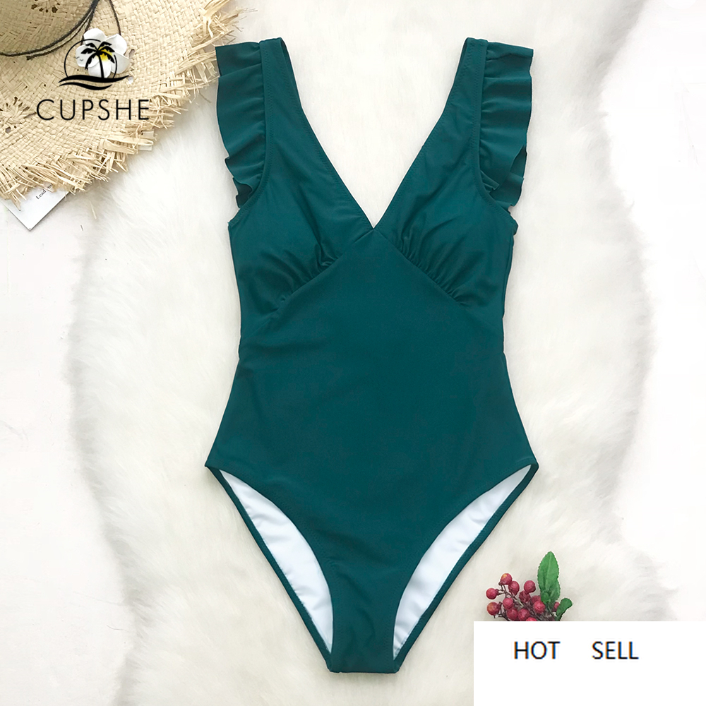 

Green Teal Plunging Solid One-Piece Swimsuit Women Ruffle Ruched Monokini 2021 Girl Beach Bathing Suits