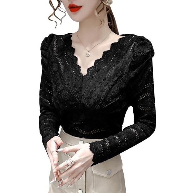 

Women' Blouses & Shirts Fashion Hollow V-neck Lace Bottoming Shirt Women Spring Long Sleeve Black Sexy Blouse Temperament OL Office Lady Pu
