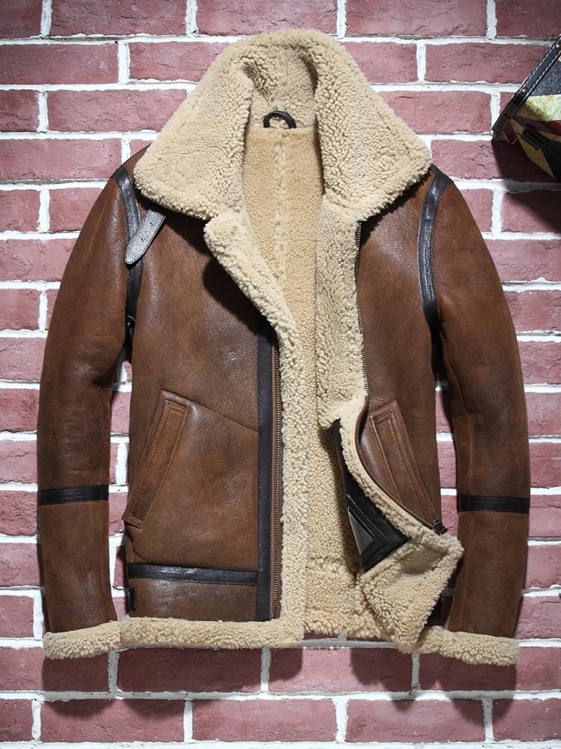 

Borwn Men Bomber Shearling Jacket Genuine Sheepskin Thick Russia Cold Winter Coats Free Men's Leather & Faux, Brown