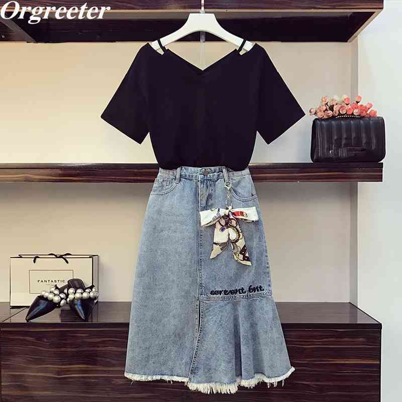 

Casual Two piece set Women V-neck Short Sleeve TShirt and Ribbon bow pendant Embroidery Skirt Suits Female Summer Outfits 210525, Black