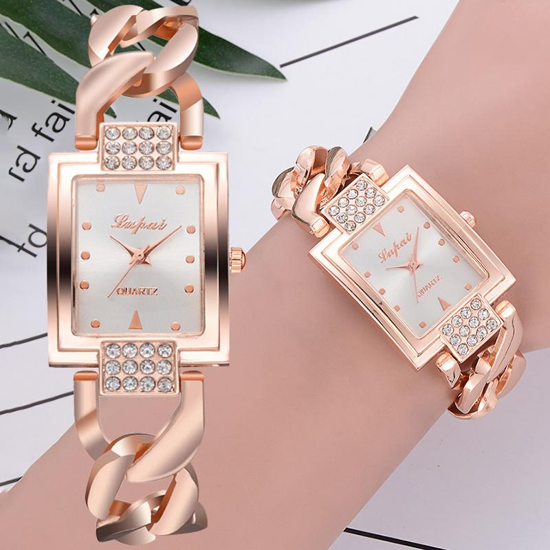 

Wristwatches Women Quartz Watch Fashion Glass Mirror Bracelet Style Alloy Strap Square Dial Watch@88, Gold black