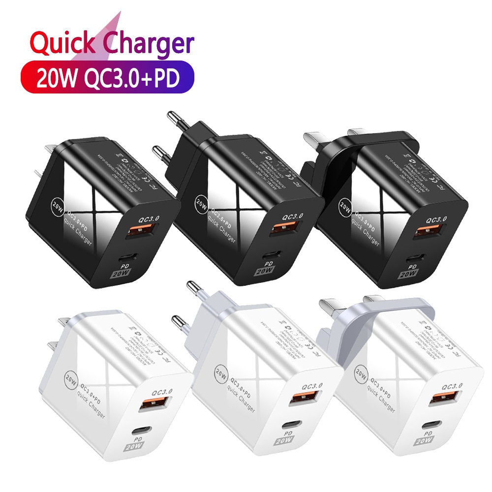 

Portable Fast Quick Charging 20W PD USB-C 2Ports Eu US Wall Charger Power Adapters For IPhone 12 13 Pro Max Htc Samsung Android phone With Retail Box