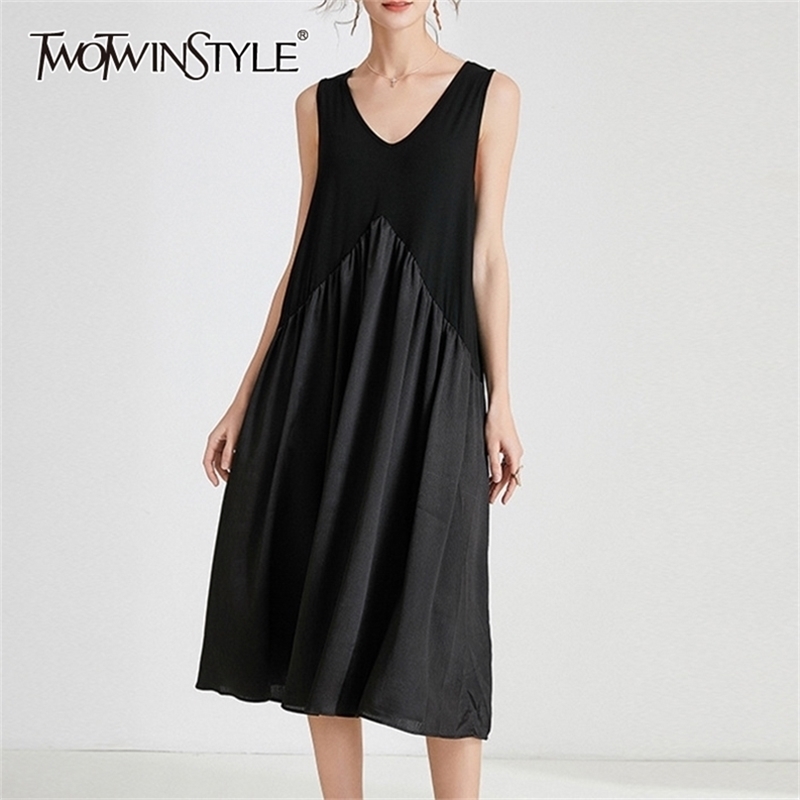 

Black Patchwork Dress For Women V Neck Sleeveless Casual Loose Ruched Midi Dresses Female Fashion Clothing 210520