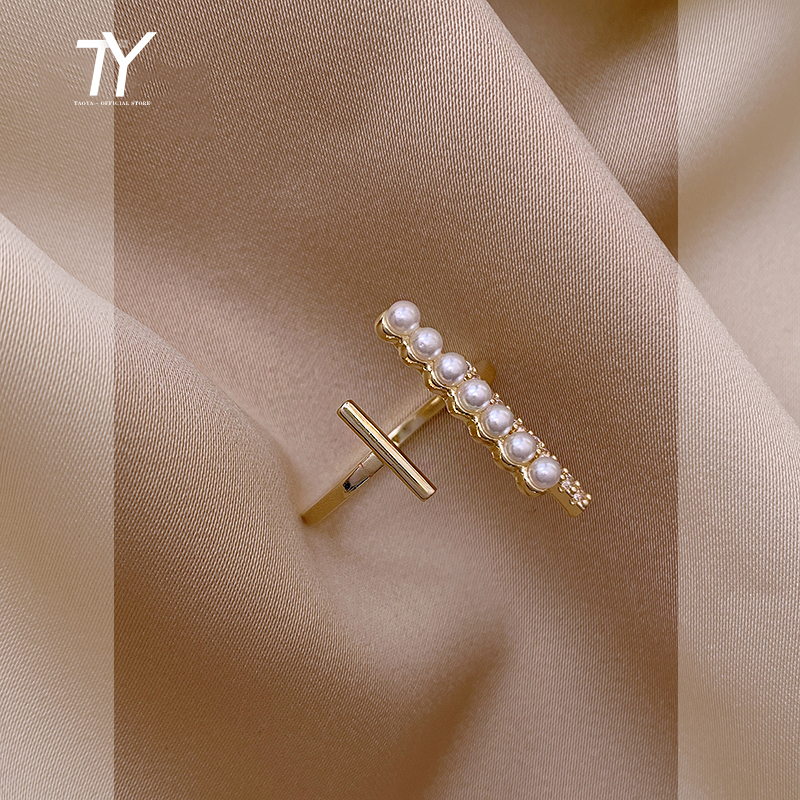 

2021 Creative Irregular T Letter Pearl Zircon Open Ring For Woman Fashion Korean Jewelry Unusual Wedding Party Girls Ring, Silver