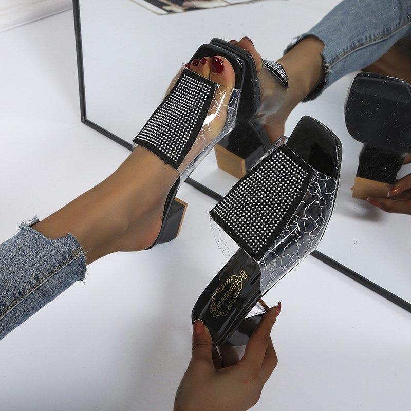 

Sandals Glitter Slippers Women Summer Fashion Bling Female Candy Color Flip Flops Beach Diamond Fang With Shoes Outdoor, Black