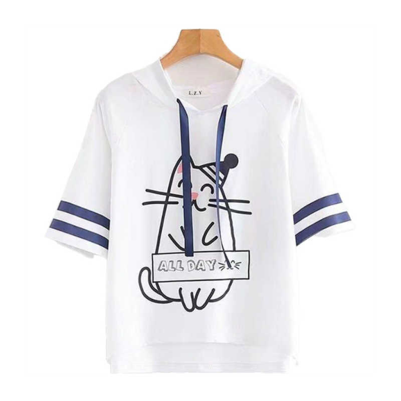 

MERRY PRETTY Harajuku Style Cartoon Printed Cotton T Shirt Women Short Sleeve Hooded Tee Femme Summer Tops 210526, White