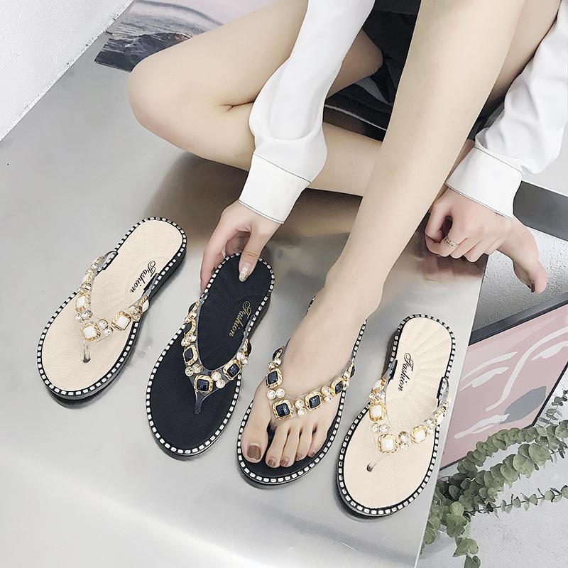 

Slippers 2021 Style Women's Shoes Rhinestone Casual Sandals Herringbone Flip Flops Sequin, Black