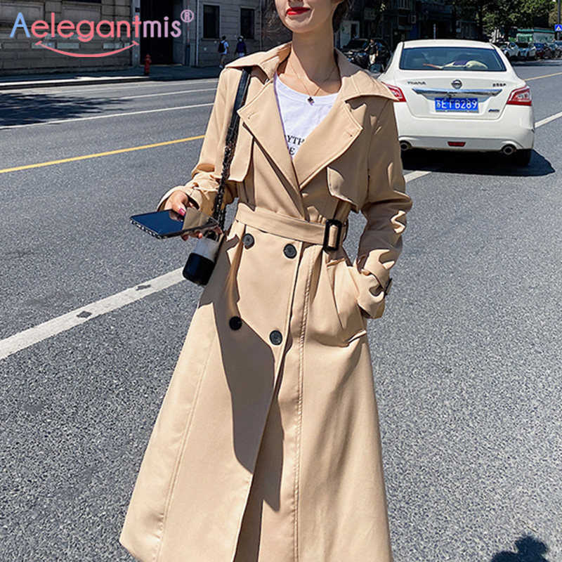 

Aelegantmis Women Solid Color Double Breasted Trench Coat with Belt Female Plus Size Loose Long Windbreaker Autumn Outerwear 210607, Red