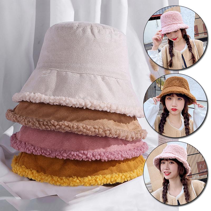 

Wide Brim Hats Lamb Faux Fur Bucket Hat Winter Warm Teddy Velvet For Women Lady Thicken Bob Panama Outdoor Fisherman Double-Sided Caps, Khaki