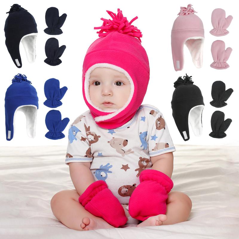 

Beanies Winter Warm Hat Skullies And Glove Two-piece Kids Baby Beanie With Mittens Set Solid Color Comfy Outdoor Boys Girls #P1