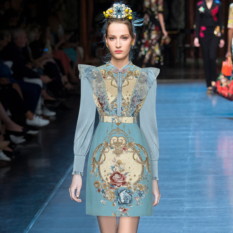 

Stand-Collar Gauze Ruffled Long Sleeve Retro Temperament Printed Tight Waist Jacquard Short Dress 2021 Autumn New, Light blue