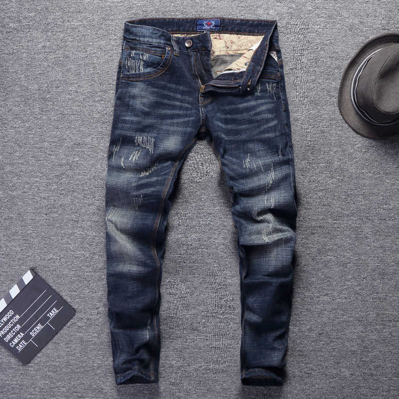

Italian Style Fashion Men Jeans Retro Dark Blue Elastic Cotton Slim Fit Ripped Streetwear Vintage Designer Denim Pants UY7G