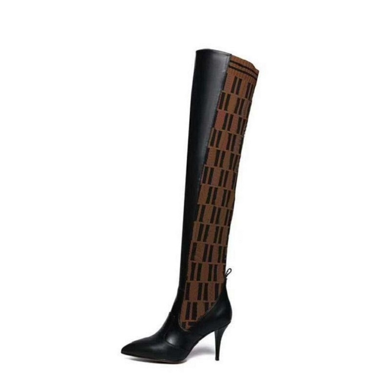 

Luxury 2021 outdoor sexy fashion women's knitted socks boots thigh high breathable elastic pointed toe short heel shoe008-3, #box