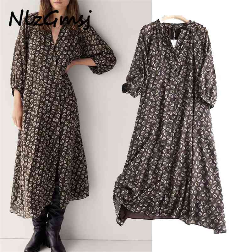 

Dres High Quality Flowers Print Loose Chiffon Long Sleeve Office Ladies Midi 210628, As picture