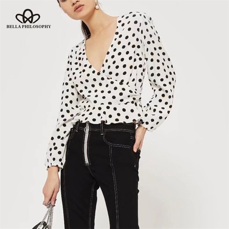 

summer chiffon print dot v neck lace up blouse ruffles loose elegant shirts short full sleeve female blusas 210519, White