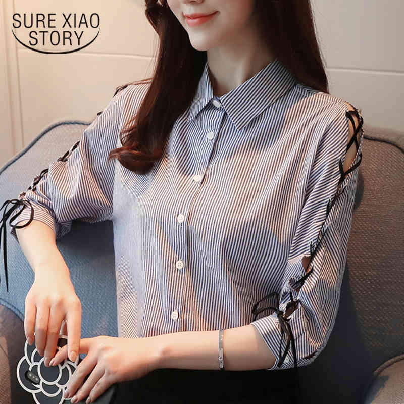 

spring fashion long sleeved blouses office lady style shirts striped button women tops casual sweet D458 30 210521, Blue