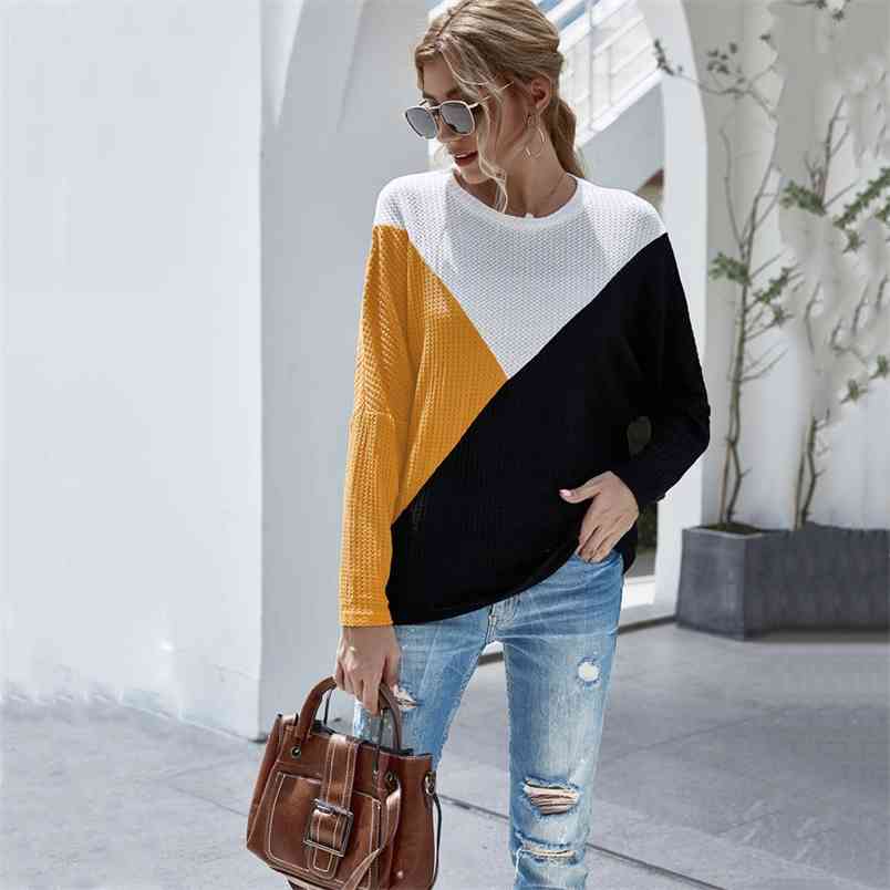 

Women Autumn Winter Solid Color Stitching Knitted Sweater Casual Contrast O Neck Long Sleeve Woman Pullovers 210517, Yellow