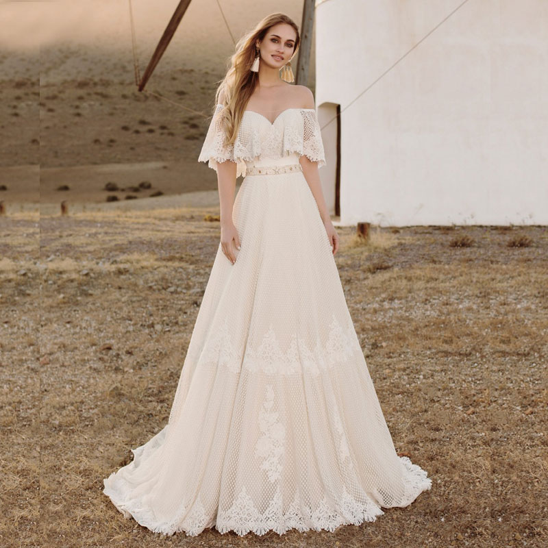 

Ivory Lace Wedding Dresses Off The Shoulder Neck Bridal Gowns Short Sleeves A Line Sweep Train Appliqued Vestido De Novia, Royal blue