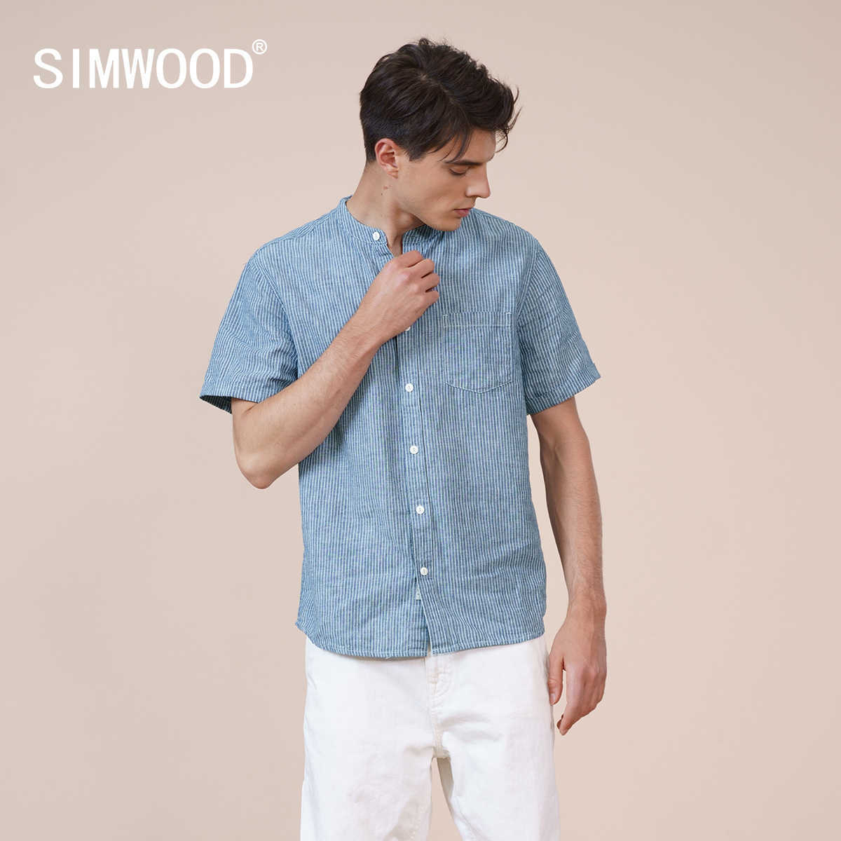 

Summer Cotton Linen Shorts Sleeve Shirts Men Breathable Comfortable Collarless Vertical Striped SK130397 210721, Blue white striped