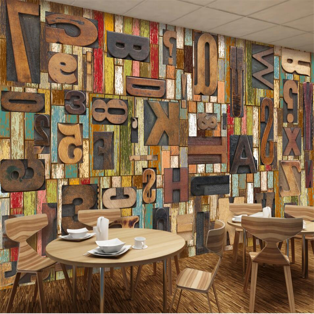 

Custom large murals green wallpaper retro woodcut English alphabet bar restaurant cafe background wall papel de parede, Brown