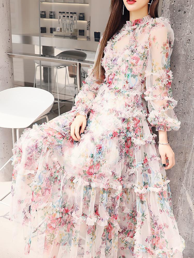 

Casual Dresses Women Floral Print Mesh Party Dress Summer 2021 Designer Runway Brand Lantern Sleeve Ruffles Stand Collar Maxi, Beige