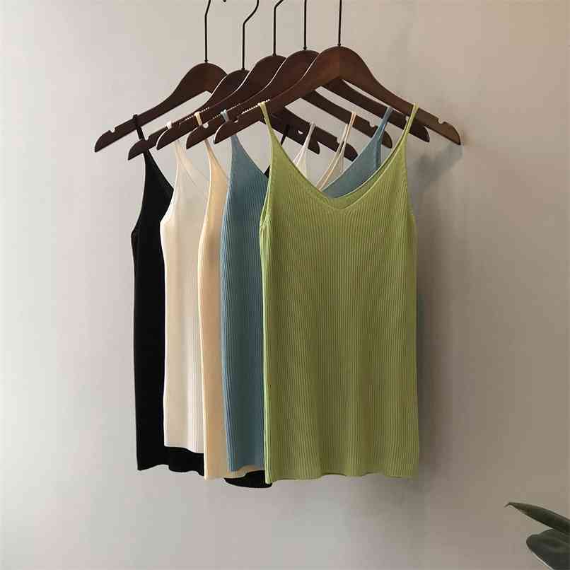 

Fashion women's sling tops spring and summer V-neck knitted ice silk with a thin vest 210520, White