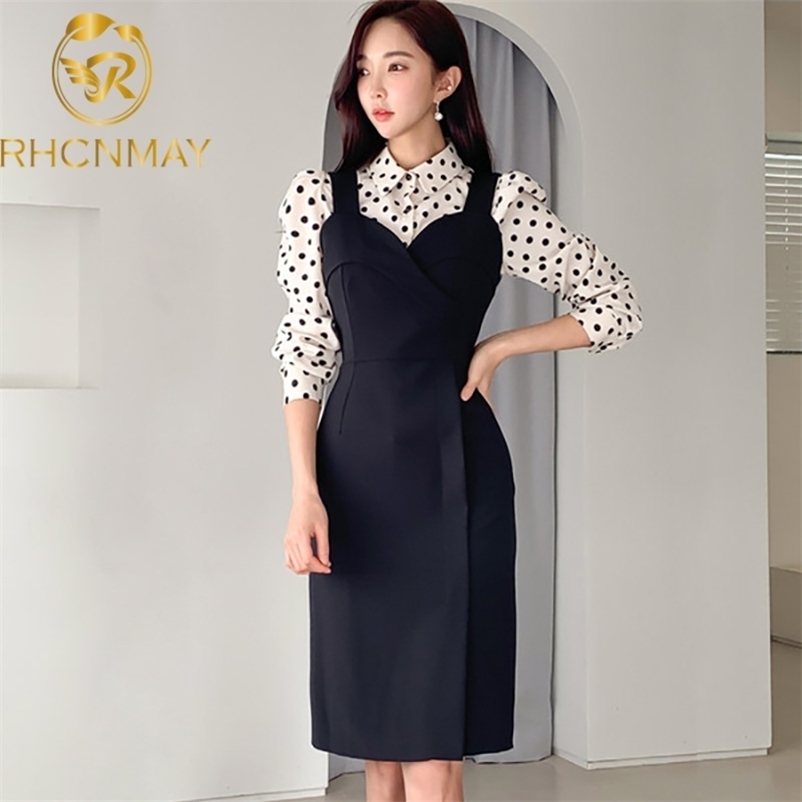 

Spring Runway 2 Piece Set Women Wave point Long Shirt Blouse +Sexy Spaghetti Strap Casual Package hip Dress Blend Suits 210520, Black