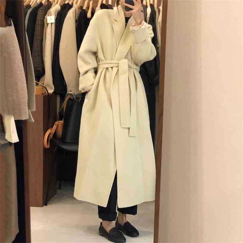 

Korean Coat Women Fashion Turn Down Collar Elegant Long Wool s Autumn Winter Sleeved Slim Bandage Blends 210525, Black