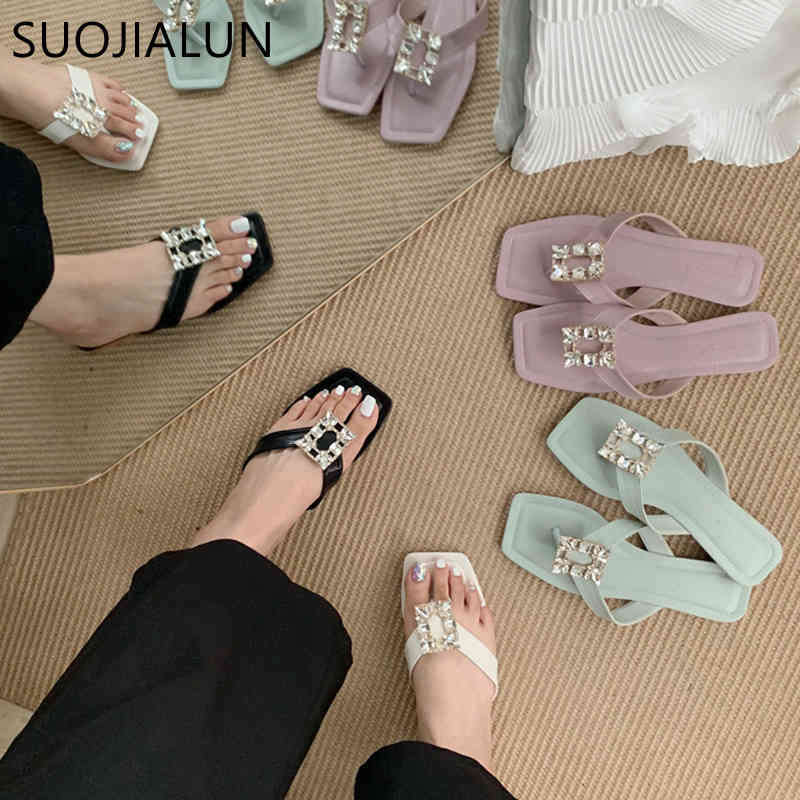 

SUOJIALUN New Women Slipper Fashion Crystal Buckle Sandal Flat Heel Slip On Slides Summer Outdoor Casual Beach Ladies Flip Flop K78, Purple