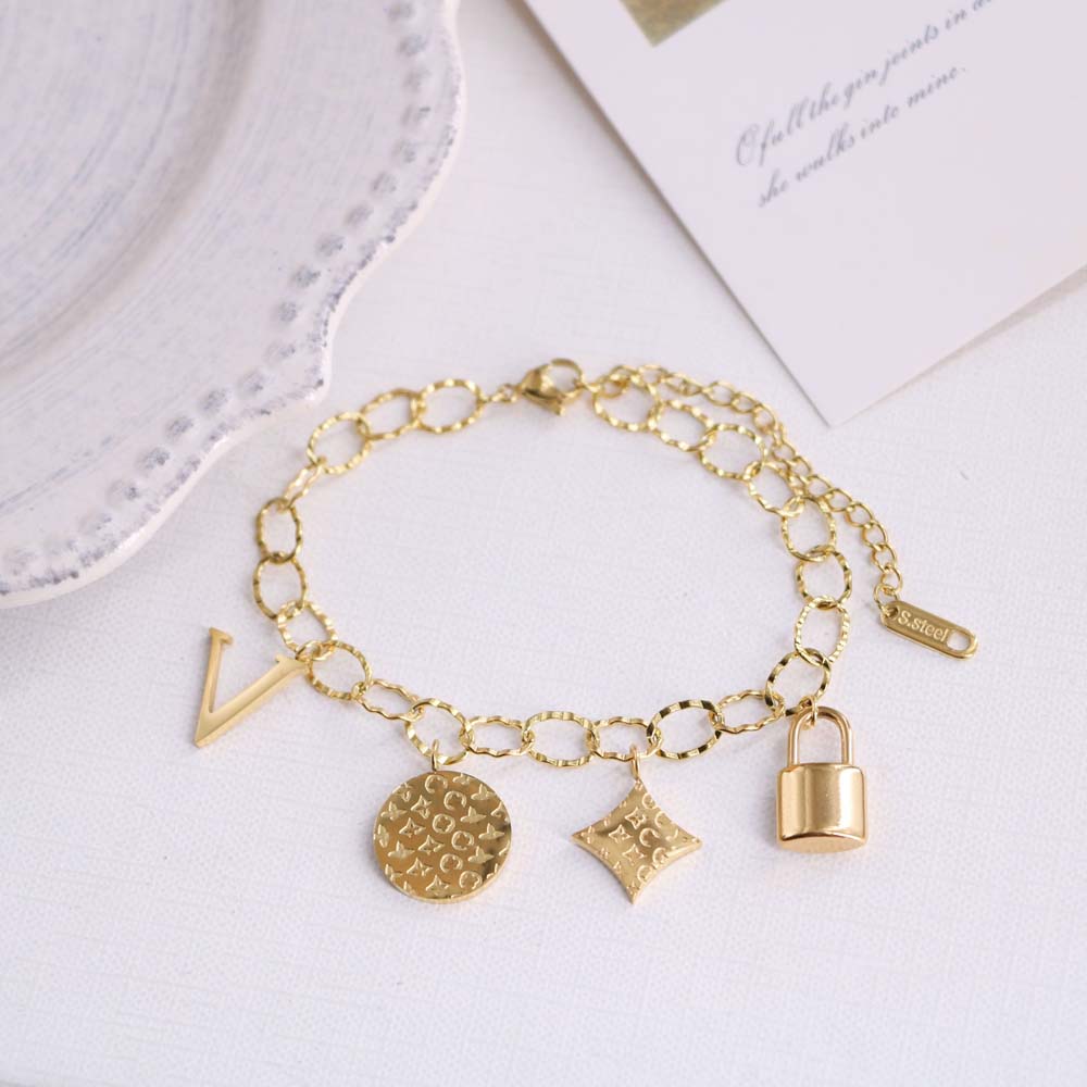 

18K Gold Plated Fashion Brand Designers Creativity L Letters Chain Bracelets Geometric Old Flowers Women Titanium Steel Bracelet Wedding Par, Black
