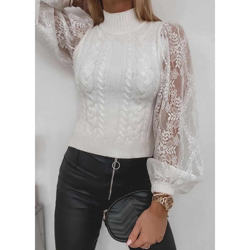 

Women's Blouses & Shirts Women Lace Elegant White High Neck Splicing Spring Summer Sexy Hollow Out Lantern Long Sleeves Shirt Lady Office To