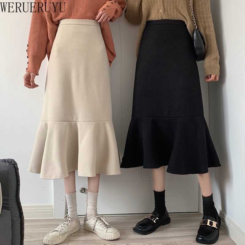 

WERUERUYU Women Fishtail Skirt Winter High Waist Casual Loose Party Skirts Fashion Ruffles Maxi Skirts 210608, Photo color