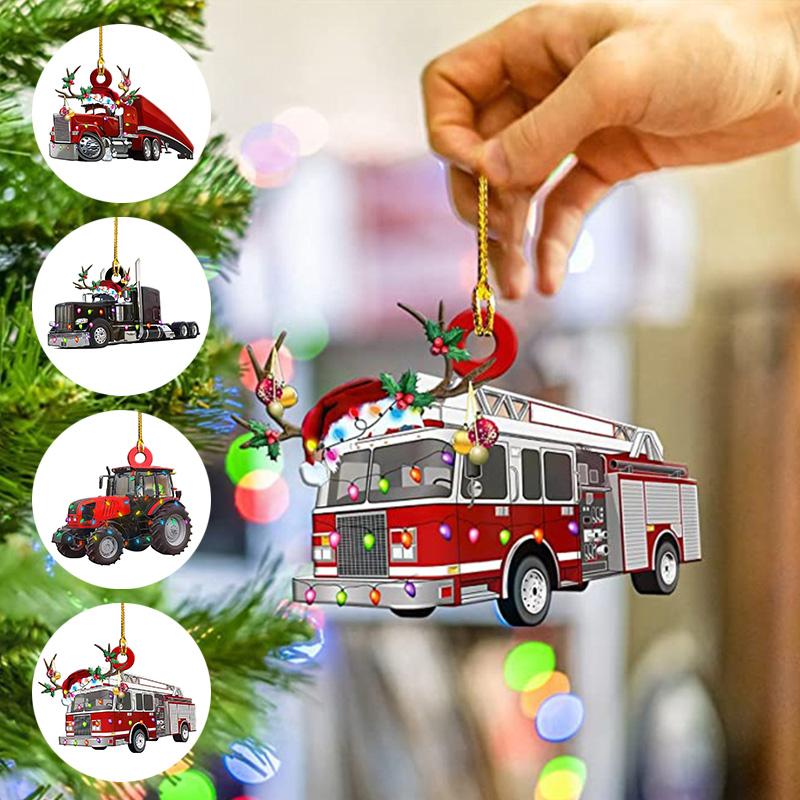 

Christmas Decorations 1pc Ornaments, Gifts, Personalized Family Wooden Fire Truck, Off-road Truck Toy Pendant