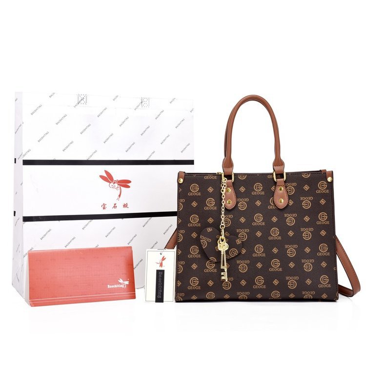 

factory outlet ladies brand shoulder bags Hong Kong style double-sided printed handbag horizontal large capacity leather tote bag elegant ribbon bow handbags, Coffee2-ab surface-6806