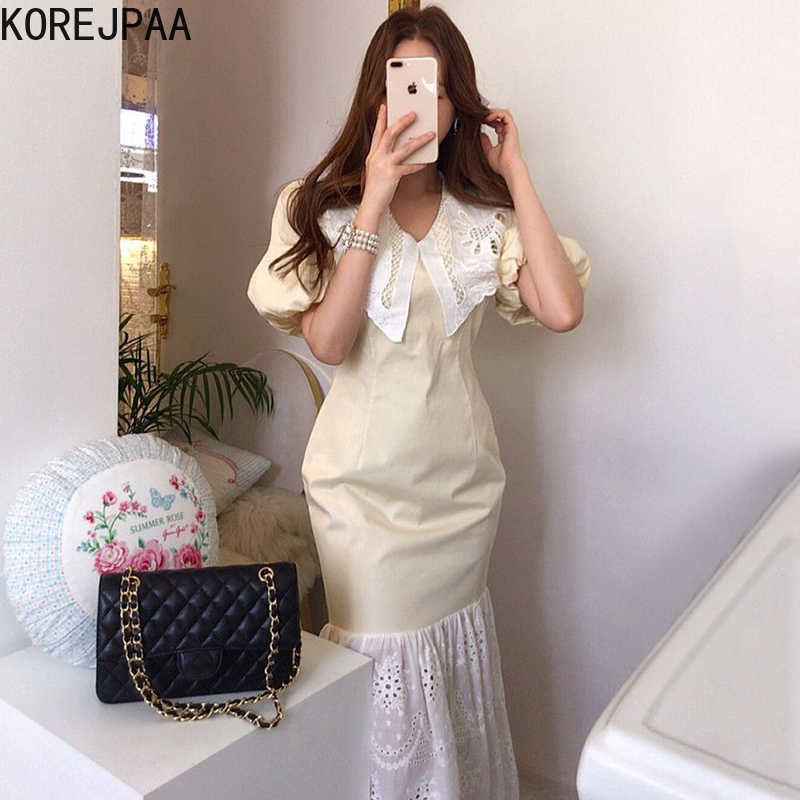 

Korejpaa Women Dress Summer Korea Chic Female Elegant Temperament Lace Lapels Receiving Waist Puff Sleeve Fishtail Vestidos 210526, Photo color