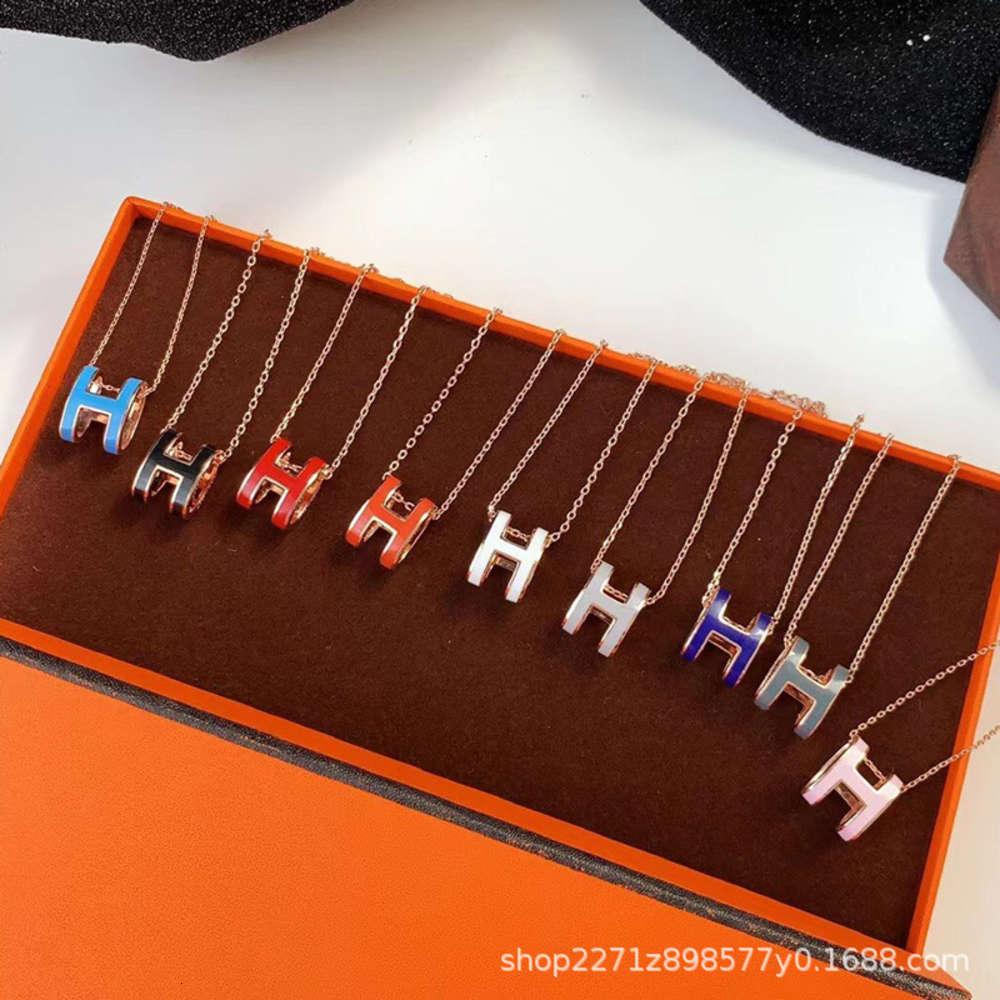 

H letter earrings necklace high version 18k rose gold CNC enamel h mini pendant clavicle chain jewelry gift