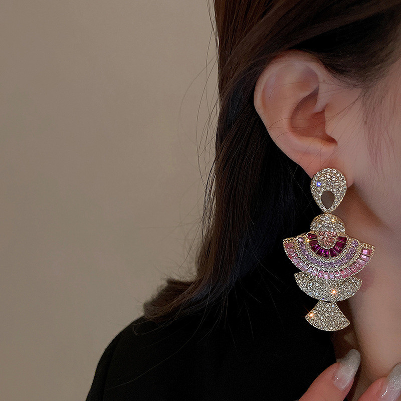 

925 silver needle diamond set zircon fan-shaped Earrings European and American style design exaggerated Earrings dinner personalized