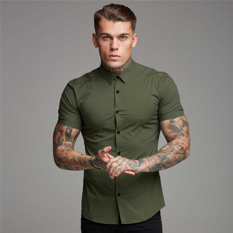

Summer Fashion Shirts Men Slim Fit Button Turn Down Short Sleeve Quick Dry Shirts Summer Casual Dress Shirts Male Sports Blouse 210708, Gray