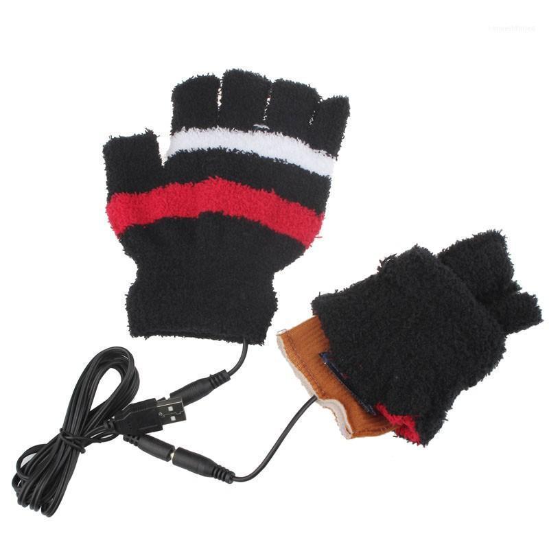 

Five Fingers Gloves USB Heating Winter Hand Warm Heated Fingerless Warmer Mitten Women Half Finger Stripped Plush Mittens1