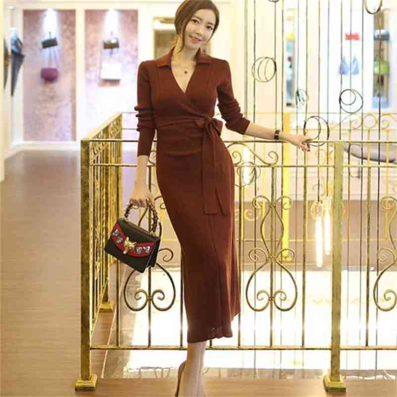 

fashion Knit Vestidos Long Sleeved V-Neck Slim Elegant Sashes Dress Autumn Winter Women Warm OL Ladies Party Robe 210519, Photo color