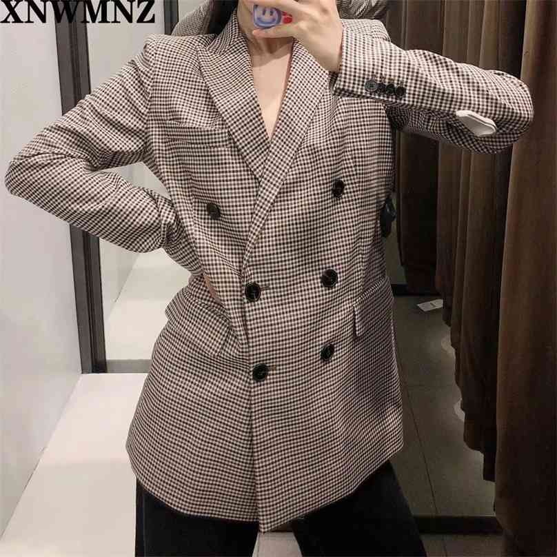 

women double-breasted check blazer Long sleeve lapel collar Front flap pockets Double-breasted front button fastening 210520, Dark grey