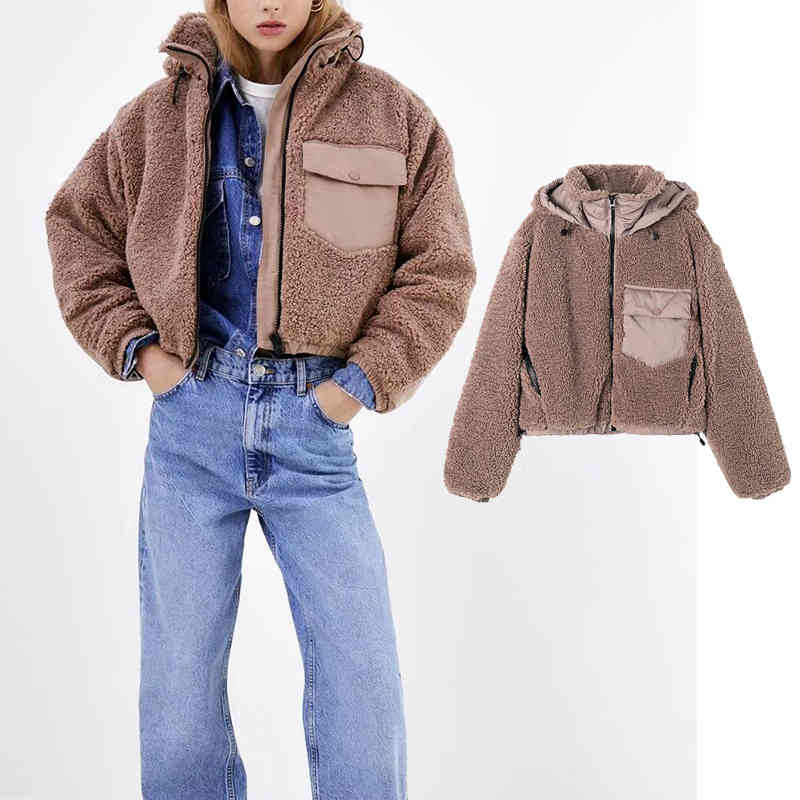 

Women's Down & Parkas Fashion Women Lamb Wool Autumn Winter Splicing Hooded jacket Shaggy Warm Cropped Jackets Overcoat zipper Out BE47, Black