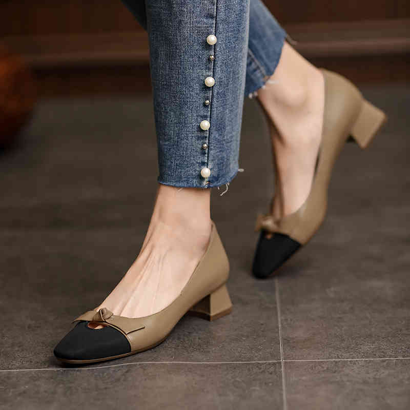 

Sandals genuine leather women's shoes fashion slip-on retro-flat butterfly-knot toe pumps square foot thick heel size 34-40 handcrafted AWRJ, 1# shoe box